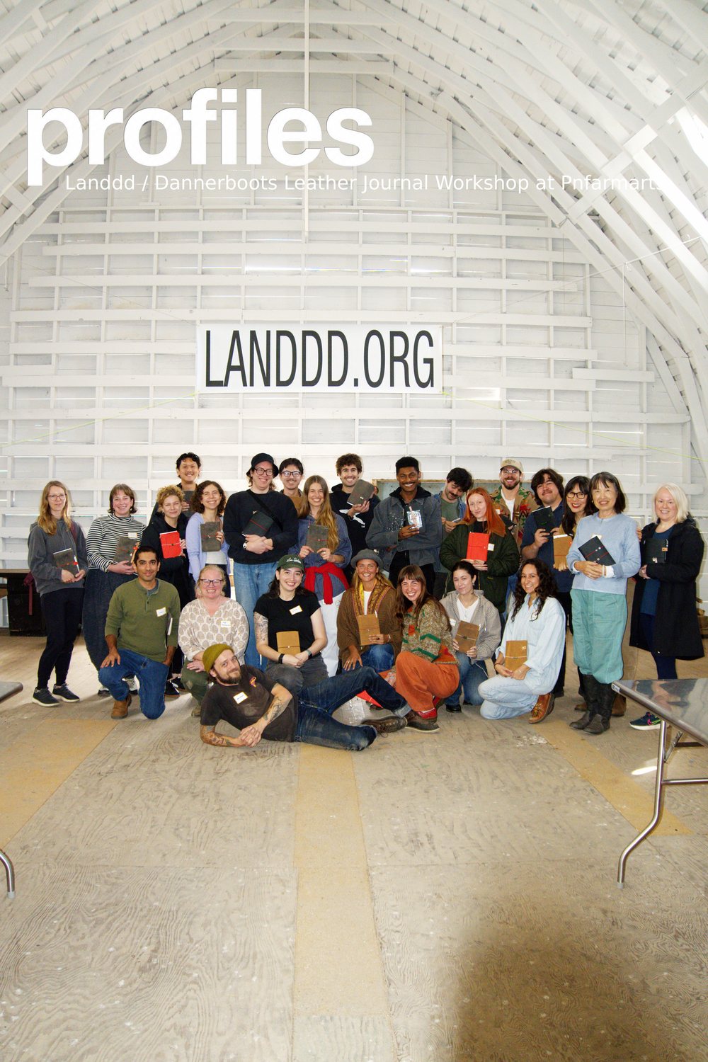 Group photo from the Landdd × Danner leather journal workshop under a LANDDD.ORG banner